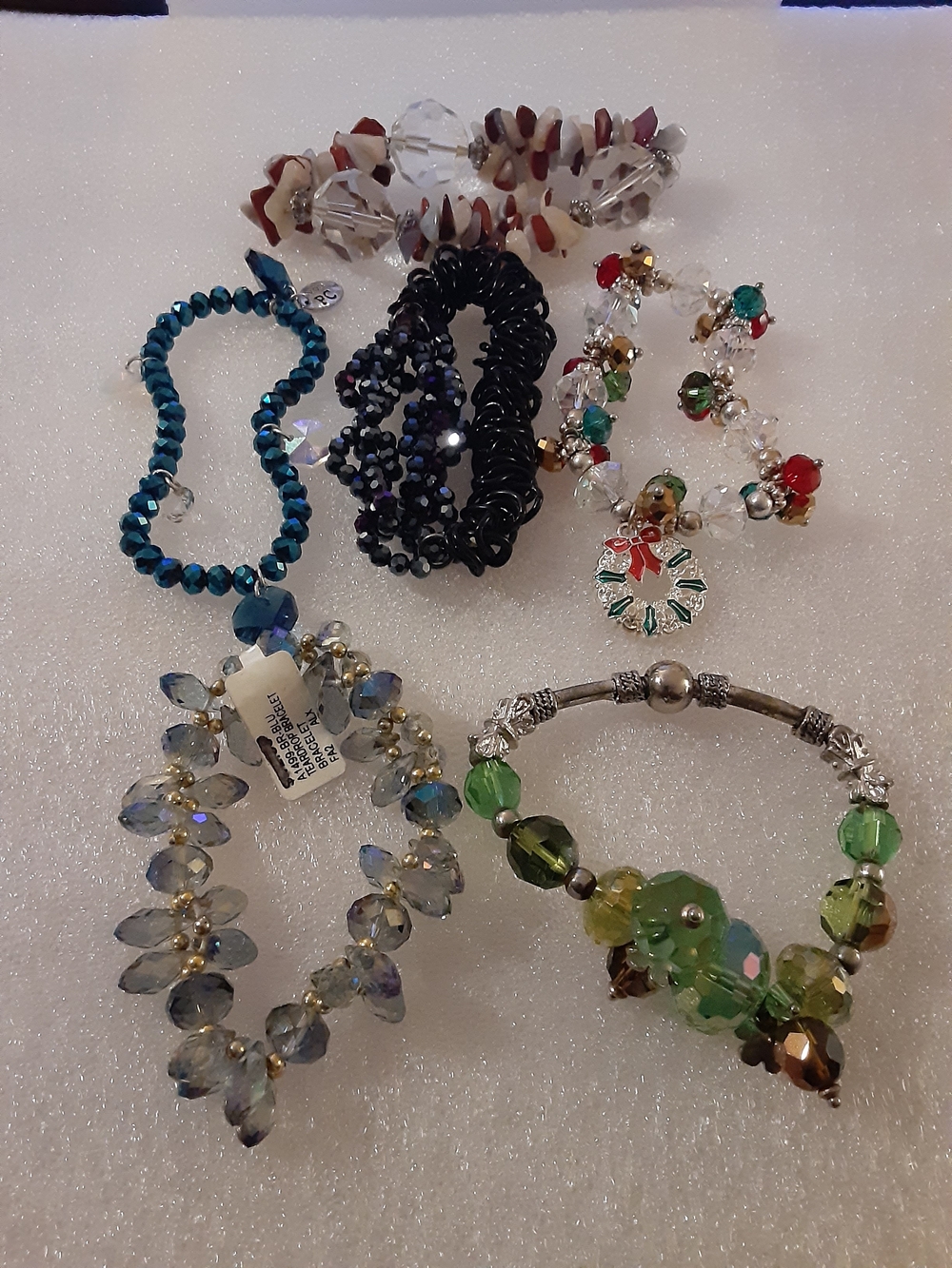 Mixed Women’s Beaded Bracelet Set in Green, Teal, Black, Red and Crystal